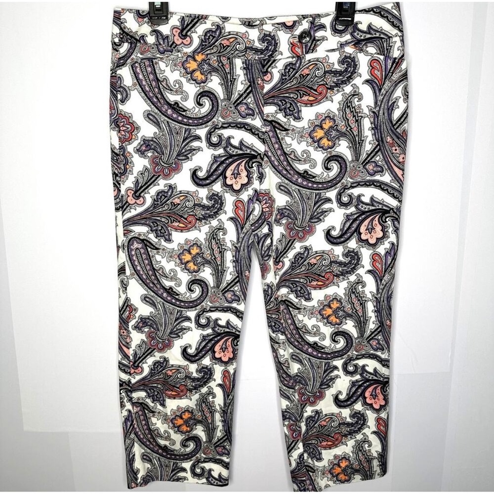Ann Taylor Signature Paisley Crop Pants 8 White Purple Coral Cotton Stretch